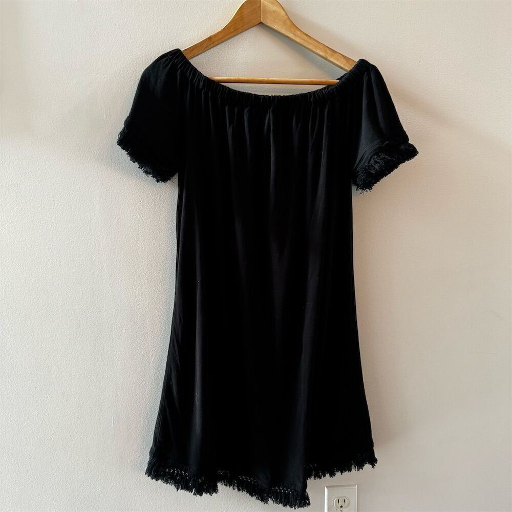 Michael Kors Women's M‎ Black Off-The-Shoulder Short Dress Fringe Detail